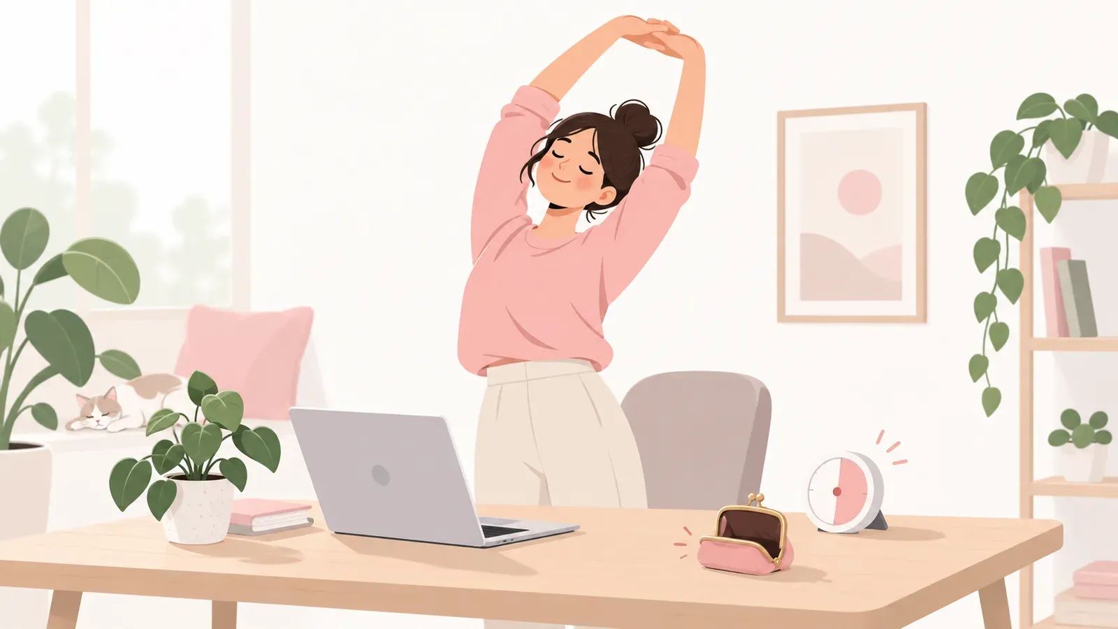 Worker stretching beside a laptop and a break timer