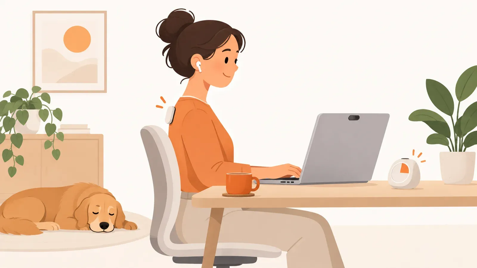 Worker with earbuds, a covered webcam and a break timer