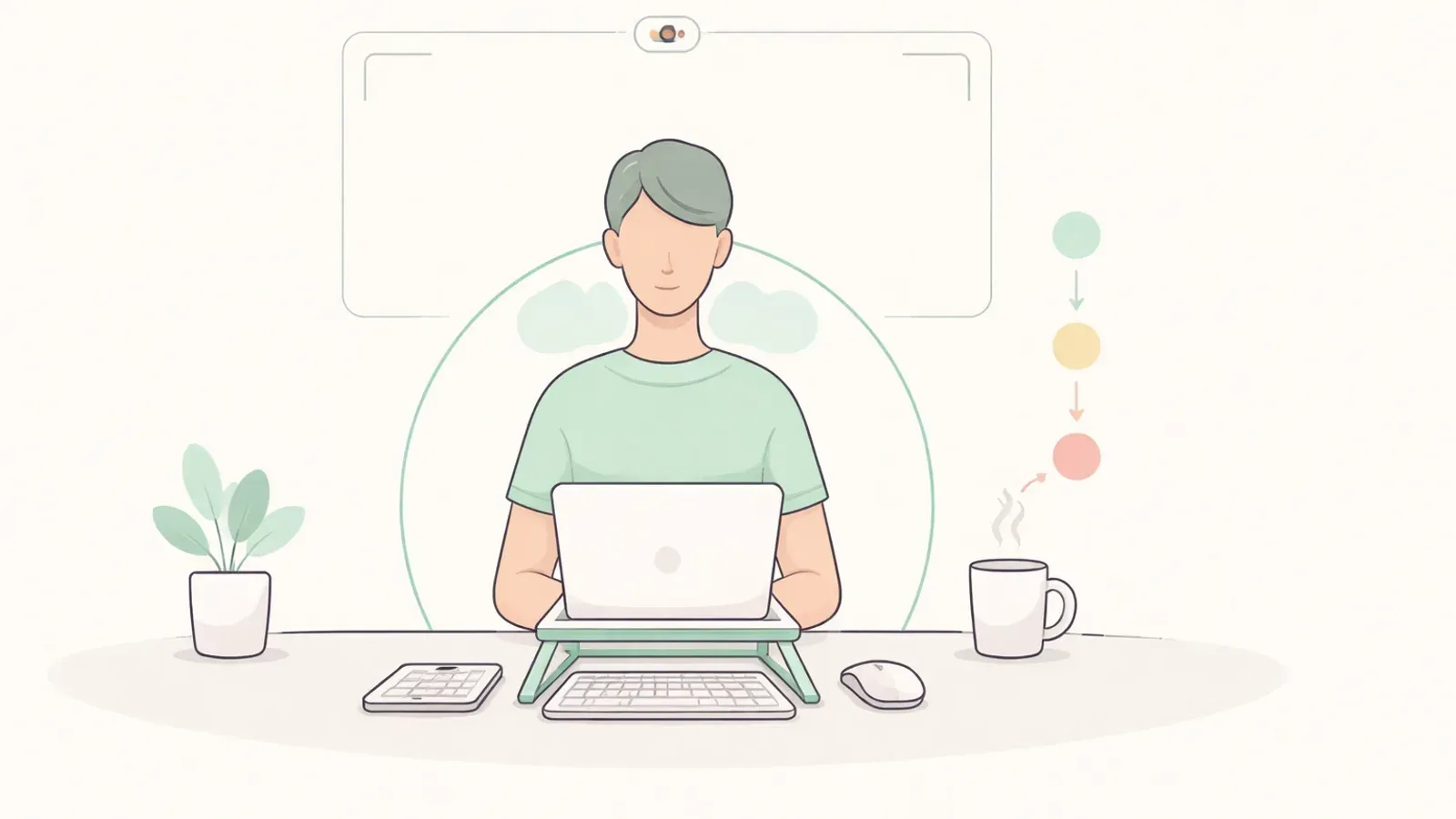 Minimal illustration of posture correction tools including webcam tracking and ergonomic desk setup