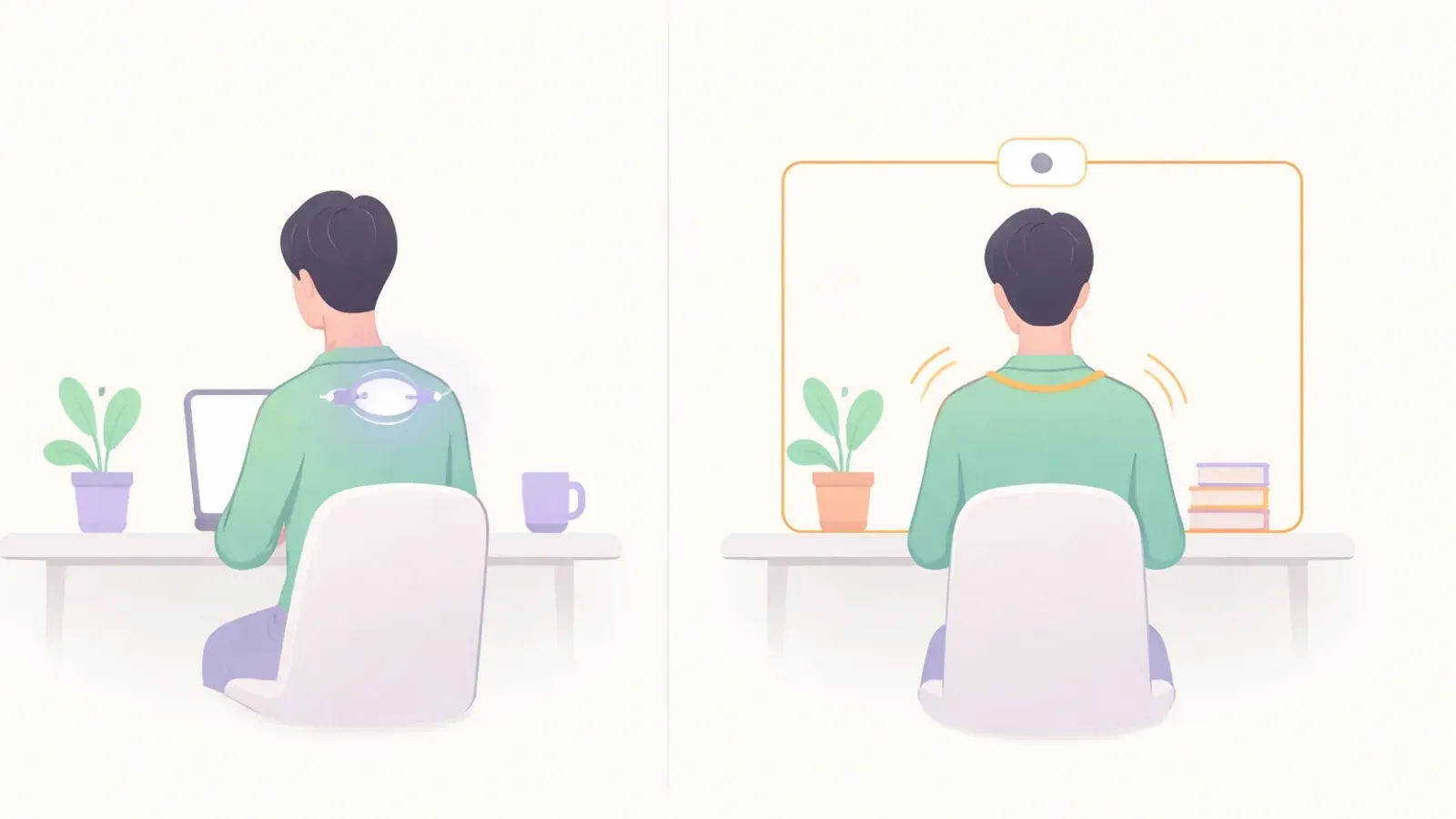 Minimal comparison scene showing wearable posture trainer and webcam-based desk posture monitoring
