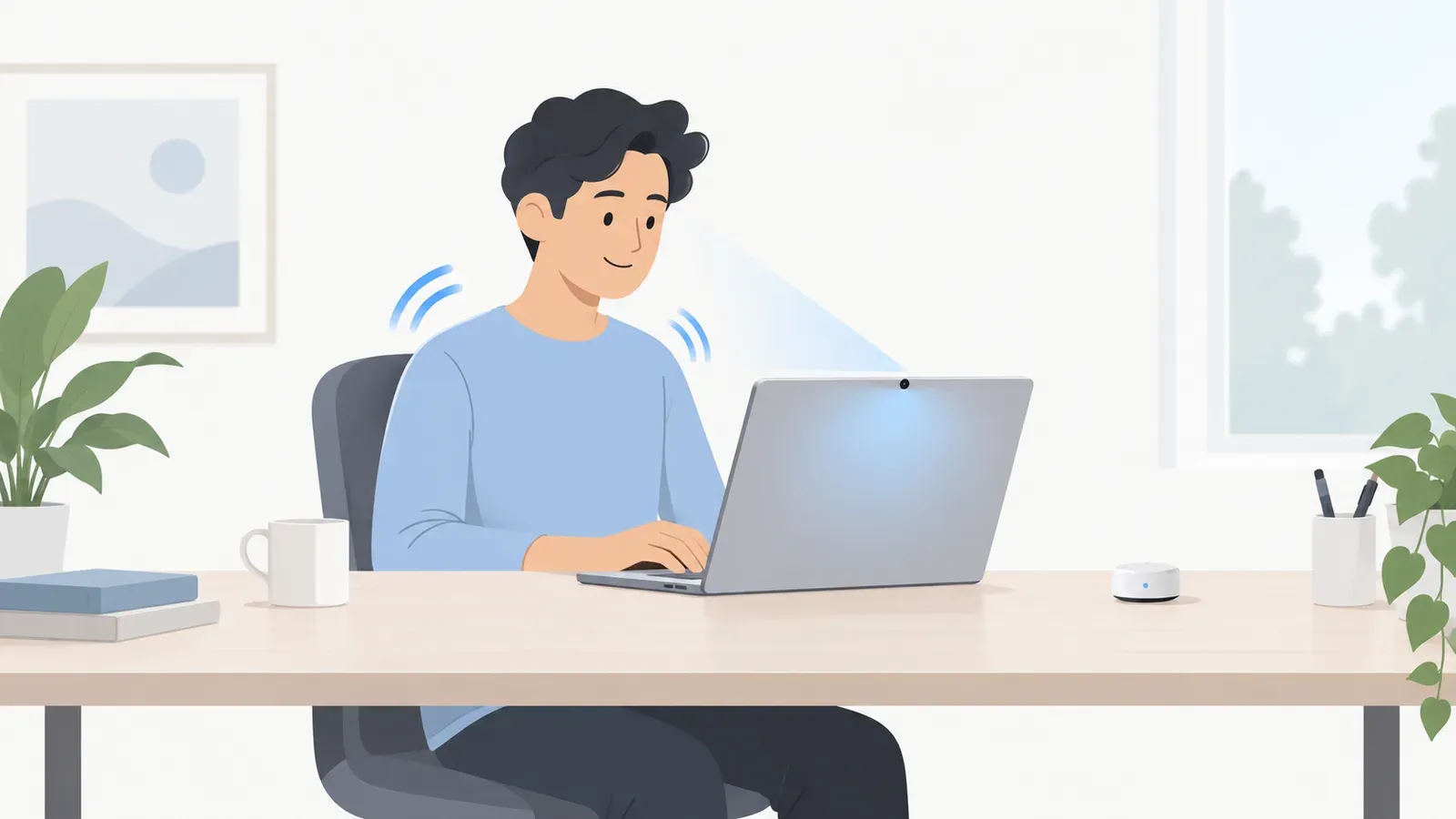 Illustration of webcam posture feedback and a separate desk sensor