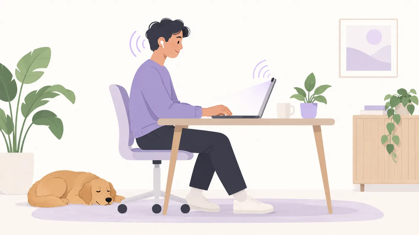 Worker wearing wireless earbuds at a laptop, illustrating two posture-sensing inputs