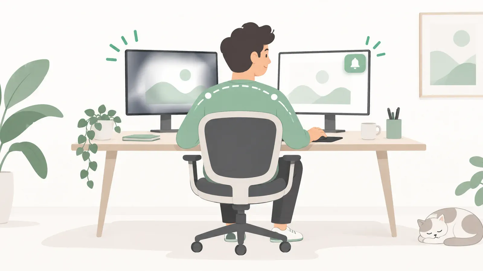 Desk screens illustrating dimmed edges and a small corner reminder