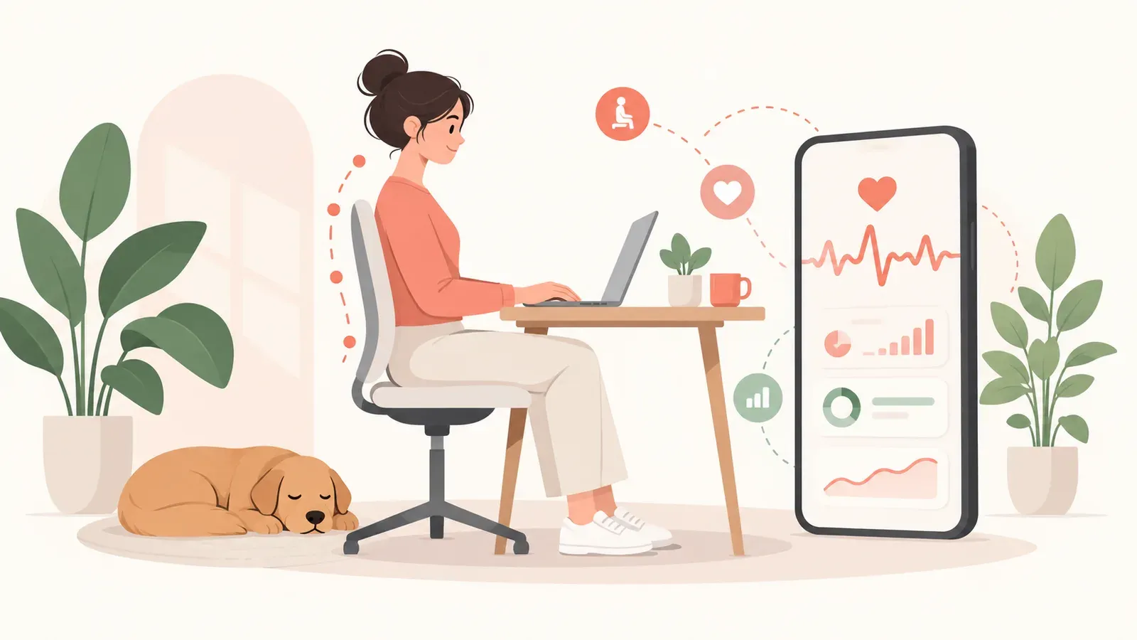 Desk worker with a posture cue beside a phone showing a health-trend illustration