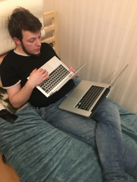 Person hunched over with neck strain