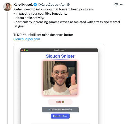Tweet screenshot 2: Karol's tweet about Slouch Sniper